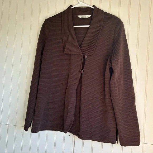 Exclusively Misook Size L Brown Ribbed Collared One Button Cardigan Duster - Picture 2 of 5